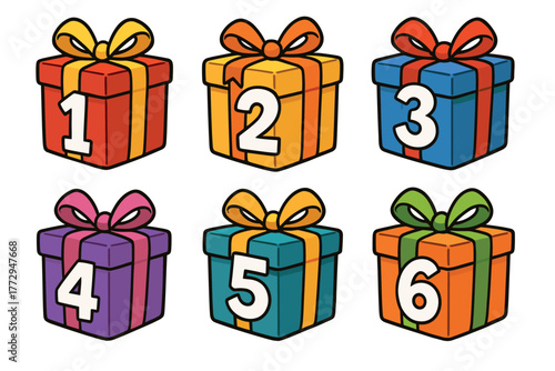 Colorful gift boxes for special occasions and celebrations. Set of 6 vector illustration