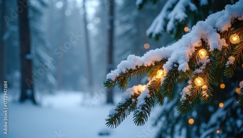 Photorealistic close-up of a fir branch adorned with warm white fairy lights, deep forest background, cold blue ambient light contrasted with warm glow.