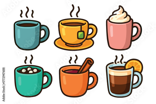 Warm beverages featuring a variety of cups with steam rising. Set of 6 vector illustration