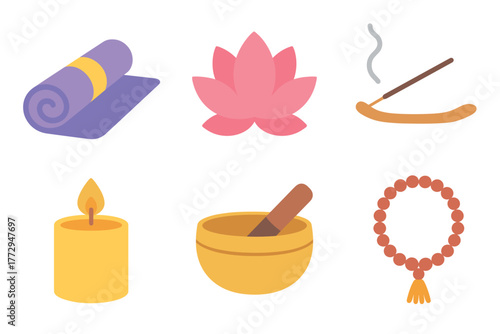 Mindfulness and meditation elements for a calming atmosphere. Set of 6 vector illustration