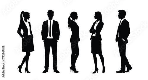 Vector silhouettes of  men and a women, a group of standing and walking business people, black color isolated on white background