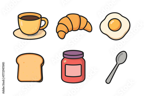 Breakfast assortment with coffee, croissant, egg, and toast. Set of 6 vector illustration