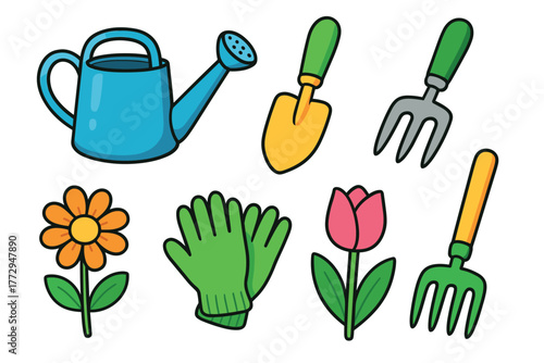 Gardening tools and flowers for spring planting and care. Set of 6 vector illustration