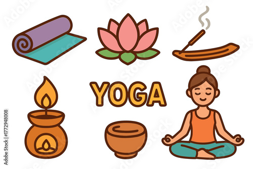 Relaxing yoga practice with essential elements for well being. Set of 6 vector illustration