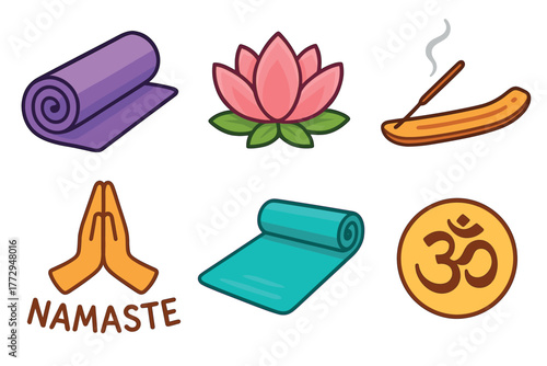 Lotus flower and incense for yoga relaxation. Set of 6 vector illustration