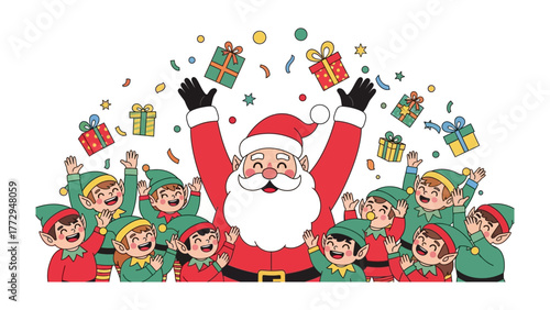 Holiday Cheer Extravaganza: Santa Claus and his lively elven helpers spread festive joy as gifts and confetti fill the air, creating a magical holiday celebration atmosphere.