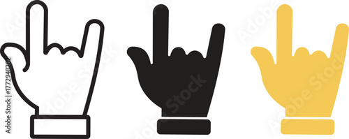 Hand gesture icons set. Cool hand gesture symbol. Rock horns silhouette and line vector icon for apps and websites. Rock vector illustration.
