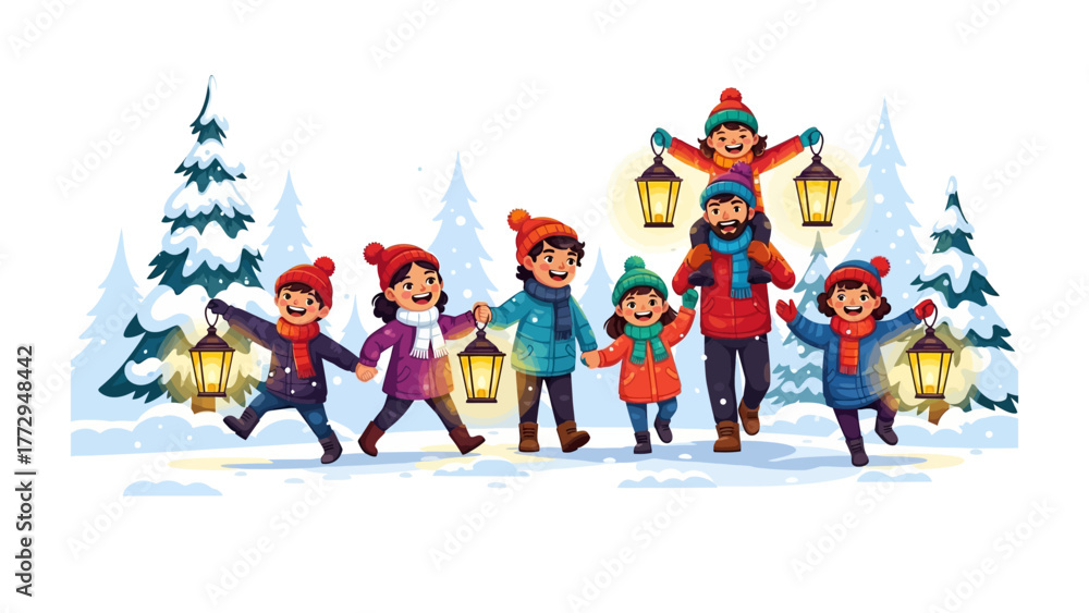 Fototapeta premium Festive Gathering: An illustrated depiction of a joyful family, bathed in the soft glow of lanterns, embarking on a winter adventure amidst a serene, snowy landscape.