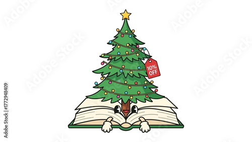 Festive Reading: An open book, the pages forming a charming Christmas tree adorned with ornaments and a star, embodies the spirit of holiday cheer and festive reading. 