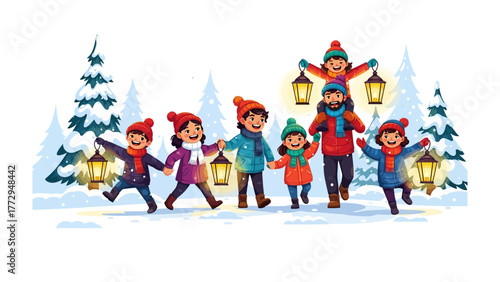 Festive Gathering: An illustrated depiction of a joyful family, bathed in the soft glow of lanterns, embarking on a winter adventure amidst a serene, snowy landscape.