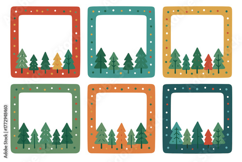 Colorful frames with trees for holiday greetings and messages. Set of 6 vector illustration