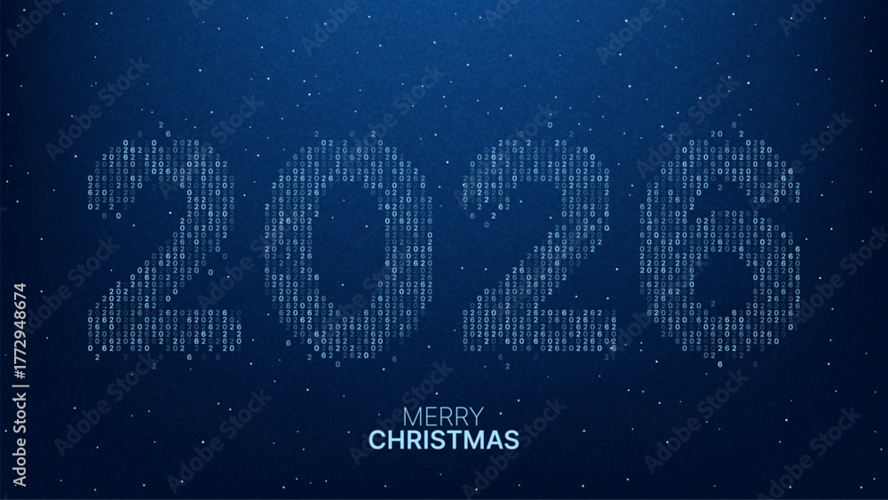 Naklejka premium Happy new year 2026 and Merry Christmas holiday card with big number made of circuit board pattern on blue background for celebration.