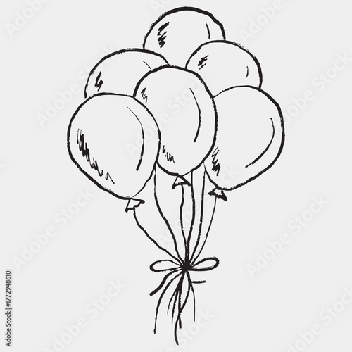 Hand drawn balloon bouquet tied with bow. Vector sketch illustration in vintage crayon charcoal style. Holiday celebration festive equipment, flying balloons, dreams, gift, kid.
