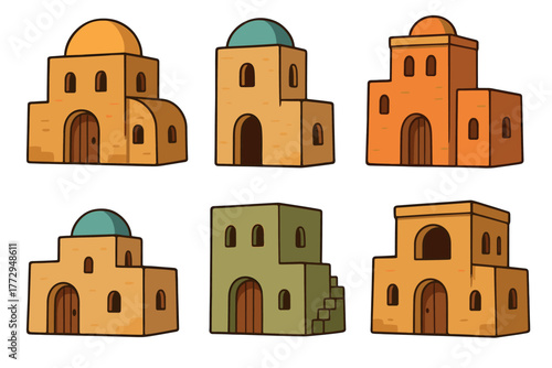 Colorful and unique architectural designs of traditional buildings. Set of 6 vector illustration