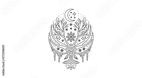 Modern geometric patterns with winter motifs featuring nature elements  