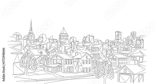 Geometric winter cityscape illustration with polygonal buildings  
