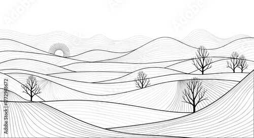 Abstract winter landscape with geometric patterns and trees  