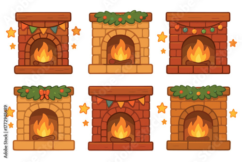 Holiday fireplace designs for festive celebrations and decoration. Set of 6 vector illustration