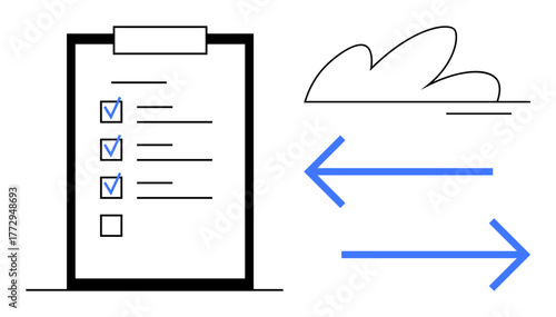 Task list with checkboxes on clipboard next to cloud illustration and bidirectional arrows. Ideal for organization, planning, productivity, teamwork, data synchronization, cloud storage, simple flat