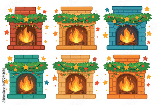 Cozy fireplace designs for winter celebrations and holiday decorations. Set of 6 vector illustration