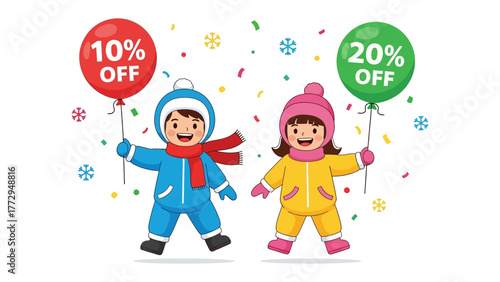 Winter Sale Cheer: Playful illustration of two children holding balloons with discount offers, set against a festive backdrop of falling snowflakes, exuding joy and warmth.