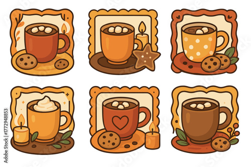 Cozy winter beverage collection with cookies and candles for warmth. Set of 6 vector illustration