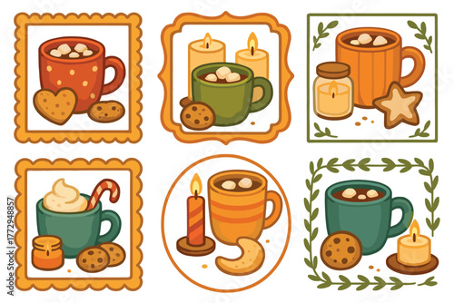 Festive drinks and treats for a cozy winter celebration. Set of 6 vector illustration