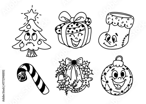 Cartoon linear doodle set of items with emotions for Christmas and New Year.