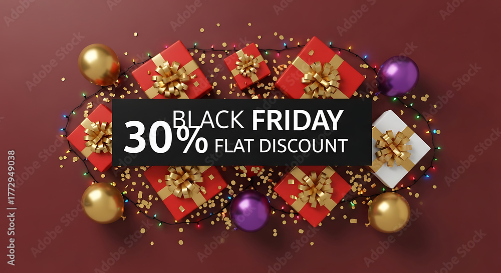Naklejka premium Black Friday 30 percent flat discount sale with gifts