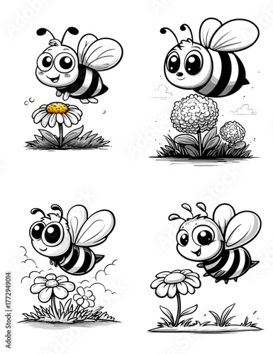 Cute Bee Characters With Flowers Whimsical Black