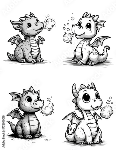 Cute Baby Dragon Sketches Blowing Bubbles Whimsical