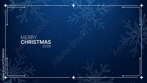 Merry Christmas 2026 message on blue snowflakes background with decorative frame. Winter holiday season greeting card design.