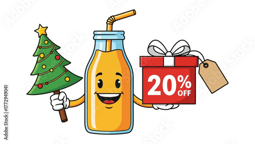 Festive Juice Offer: A cheerful juice bottle mascot gleefully showcases a miniature Christmas tree and a gift box, symbolizing the holiday discounts on juice product.