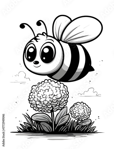 Cute Cartoon Bee Flying Near Hydrangea Flowers