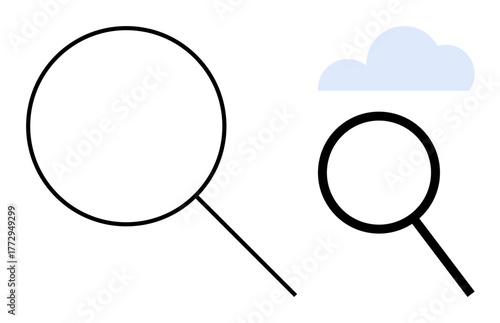 Magnifying glasses symbolize exploration and observation. One large, one small, paired with a cloud hinting at abstraction. Ideal for research, analysis, discovery, focus, knowledge comparison