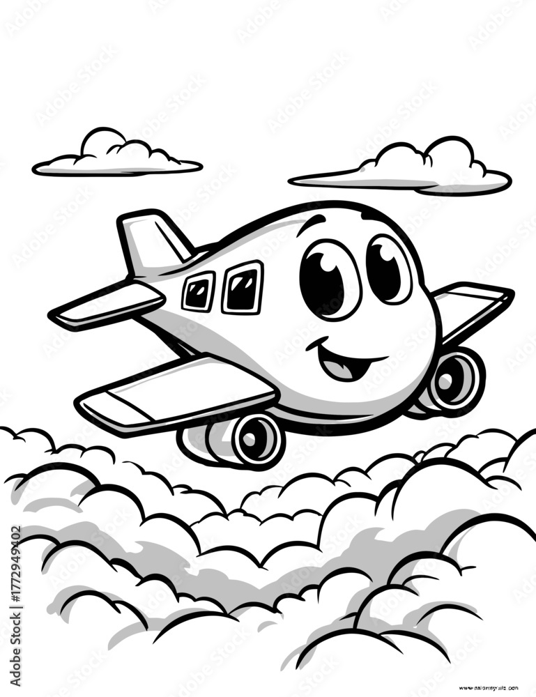 Fototapeta premium Cute Cartoon Airplane Flying Through Fluffy Clouds