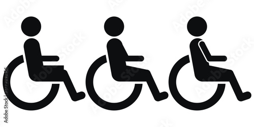 Black wheelchair icon vector illustration for accessibility, disability support, handicap signage, ADA compliance, healthcare, hospital, transport, and parking