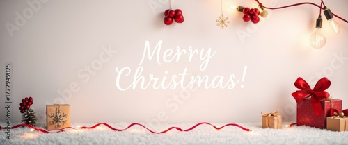 Weihnachtliche Szene mit Geschenken roter Schleife Lichterkette und Schriftzug Merry Christmas auf hellem Hintergrund Generative KI