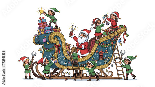 Santa's Workshop on Wheels: In a whimsical illustration, Santa Claus and his lively elves are meticulously adorning his sleigh with twinkling lights and festive decorations.