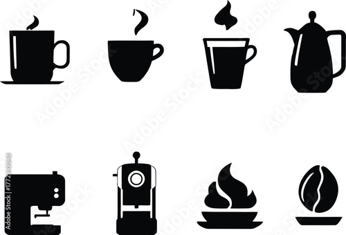 Collection of black coffee icons including cups, pots, machines, bean, and whipped cream design