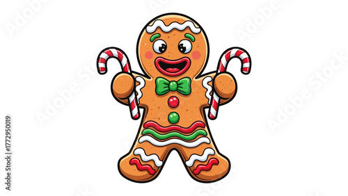 Gingerbread Man's Delight: A jovial gingerbread man, adorned with sweet candy accents, smiles warmly, holding candy canes, ready to bring festive cheer and delicious joy.