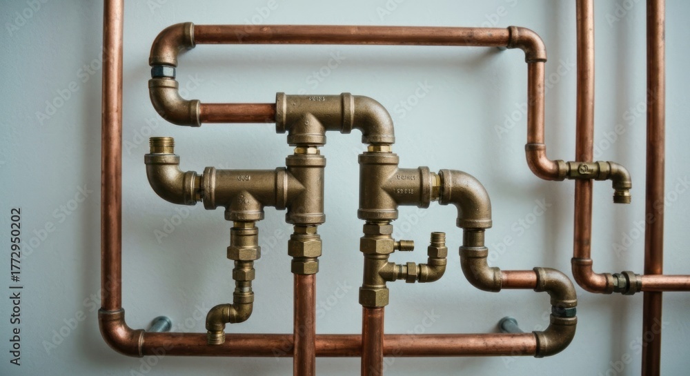 Fototapeta premium Intricate network of copper and brass pipes and fittings
