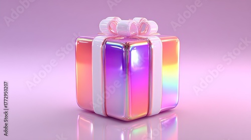 Iridescent gift box with pastel bow, reflective surface, soft lighting