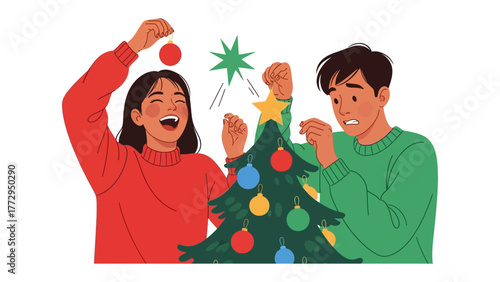 Festive Joy: Illustration of happy couple decorate christmas tree together. 