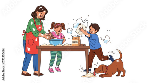 Baking Bliss: A heartwarming scene unfolds as a mother and her children enjoy a lighthearted baking session, filled with floury fun and a playful dog.
