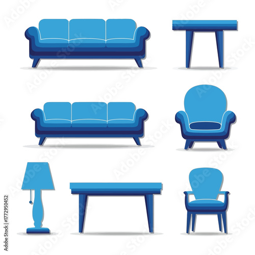 Modern Interior Design Elements: A set of six meticulously crafted blue furniture pieces, showcasing the essence of contemporary design with a minimalist touch.