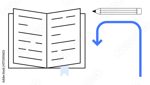 Open book with visible text lines, a pencil, and a curved blue arrow pointing downward. Ideal for education, writing, creativity, study, planning organization direction. A simple flat metaphor