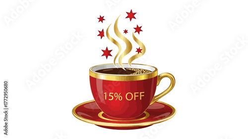 Delectable Coffee Cup Promotion: A captivating illustration showcases a stylish coffee cup filled with aromatic brew. The cup, a vibrant red with gold accents, features a 15% discount.
