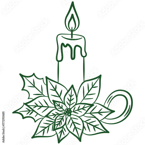 Green hand drawn whimsical candle in candleholder decorated poinsettia flower and holly leaves, vintage elegant line art candle