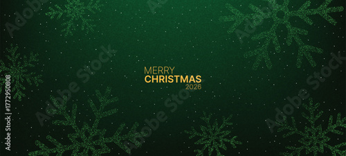 Merry Christmas 2026 text on a dark green background with glittering snowflake design. Festive winter holiday celebration.